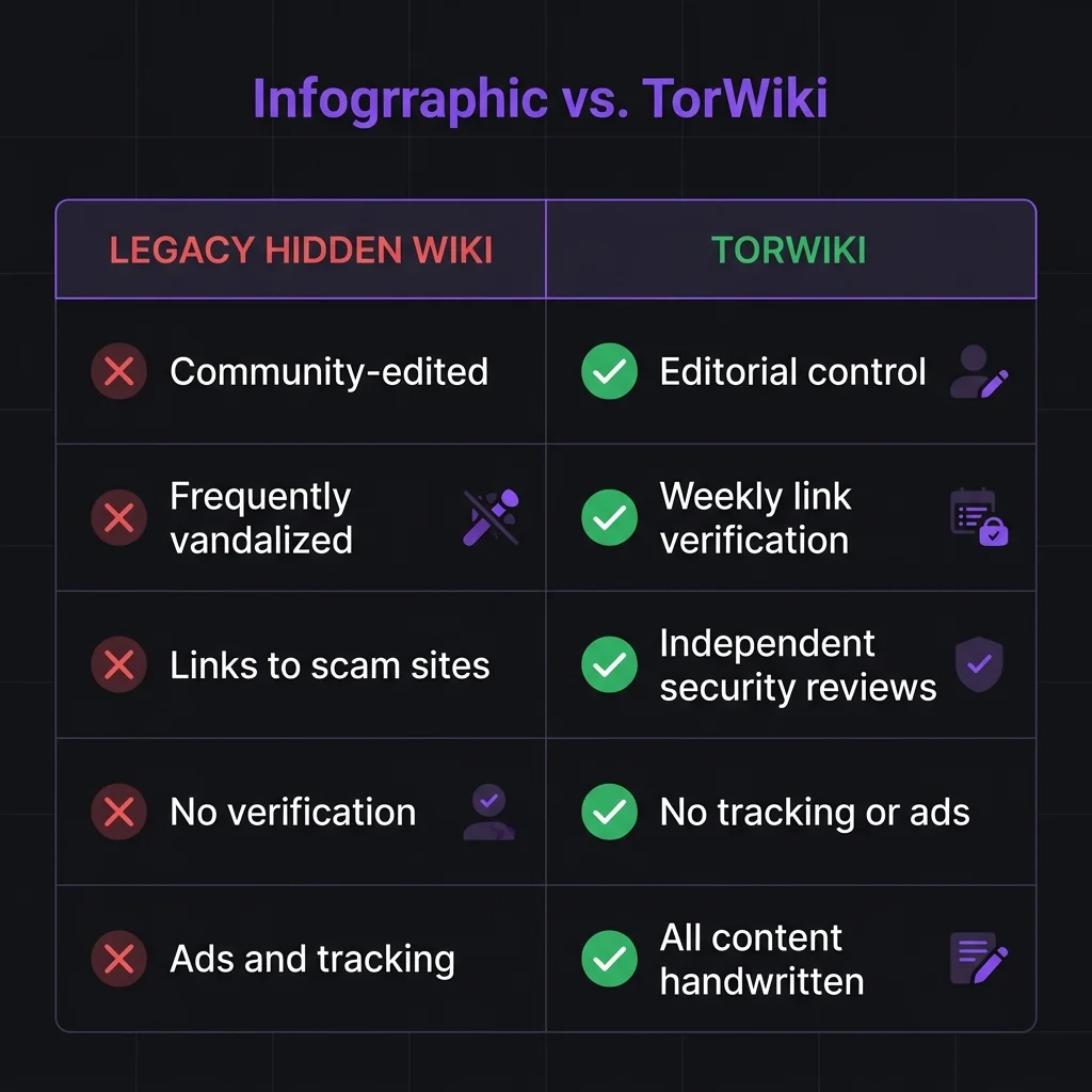 TorWiki vs Legacy Hidden Wiki comparison